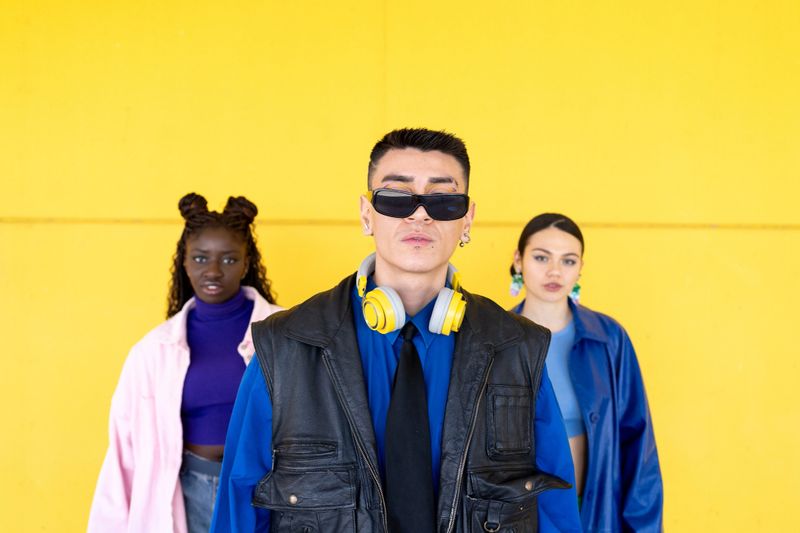 Stylish youth standing together, leaning against bright yellow background, expressing individual fashion and contemporary urban vibe