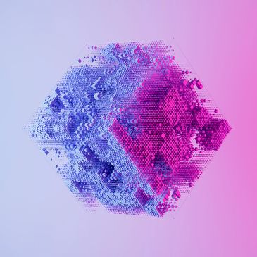 A hexagonal abstract digital structure blending blue and pink colors.