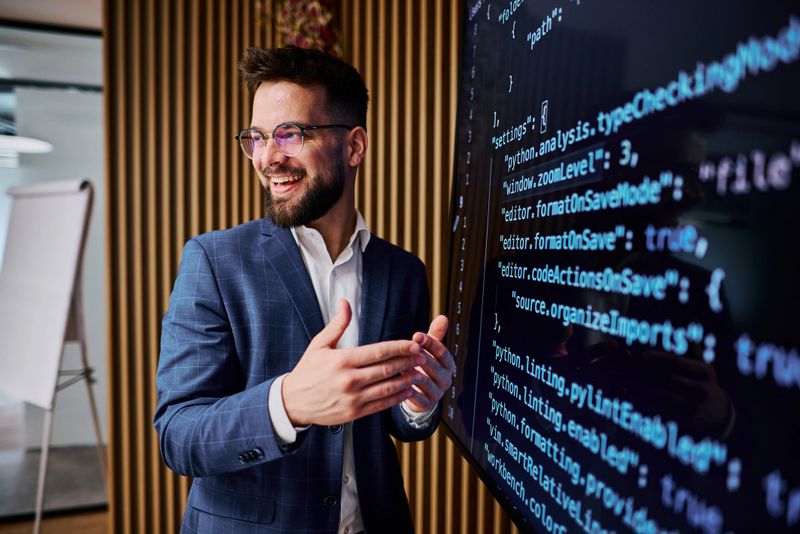 Smiling software developer explaining code on a digital screen during a presentation in a modern office, showcasing expertise in software development and technology