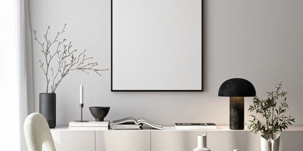Minimalist interior with plants and books.