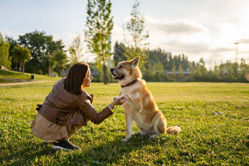 Dog owner practicing training commands with a happy dog in a sunny park
