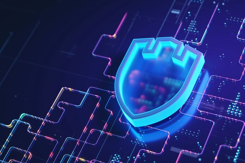 A luminous shield on a vibrant, futuristic abstract digital background, representing cybersecurity, data protection, and modern technology in a visually impactful concept