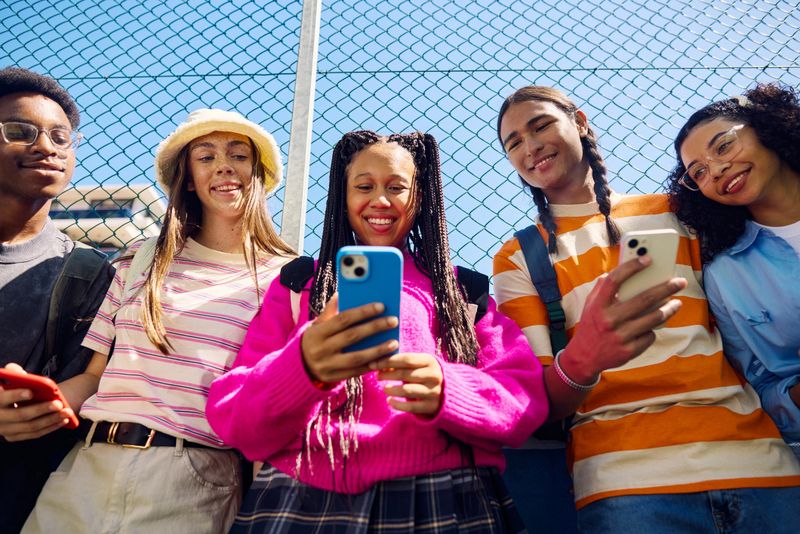 Five multi-ethnic teenagers using smartphones by a fence in the city