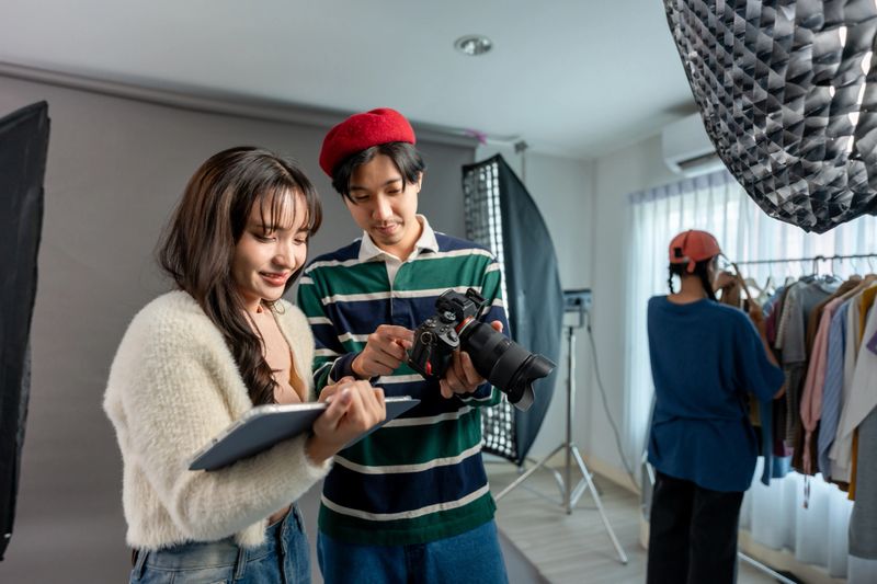 Behind the scenes of film crew collaborate on set under director's guidance. Attractive young director work with team to create movies, advertisements, TV series using filming techniques in studio.