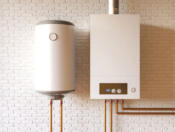 Modern water heater and boiler system mounted on a white brick wall.