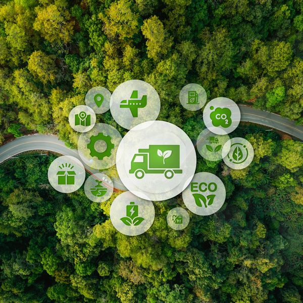 Aerial view of a winding road through a forest with eco-friendly transport icons overlay.