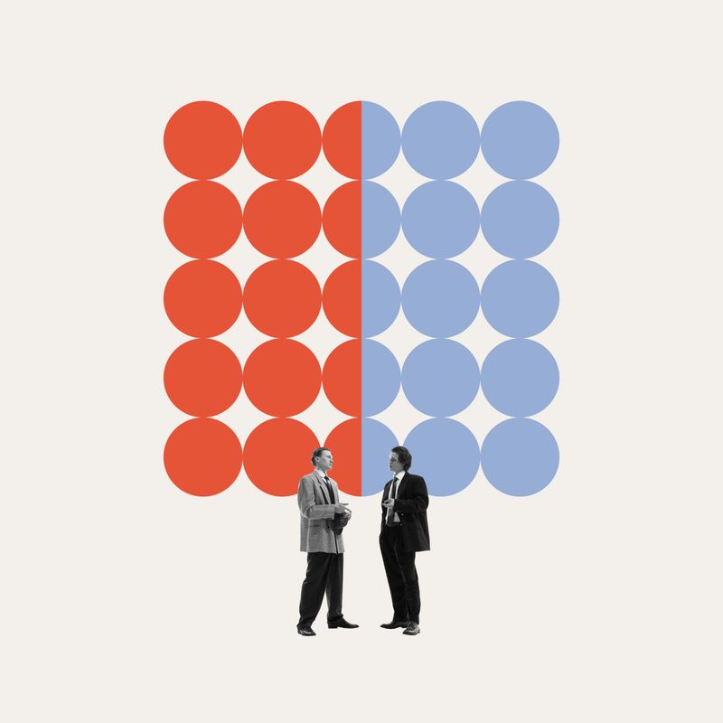 Corporate structure. Two executives discussing market strategies under aligned spheres, illustrating data-driven decisions, balance in leadership. Concept of business, structured growth, acquisition