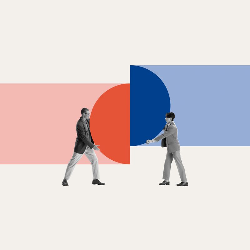 Business collaboration. Two businessmen connecting pieces, symbolizing merger of ideas, teamwork, negotiation strategies. Concept of business partnership, corporate synergy, strategic acquisition.