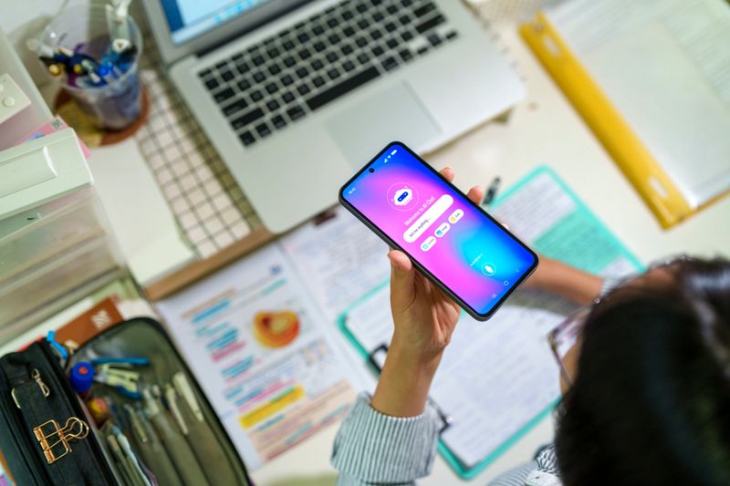 An Asian teenage student interacts with an AI chatbot on a smartphone while studying at a desk with a laptop, notes and stationery. The scene highlights modern learning and technology integration.