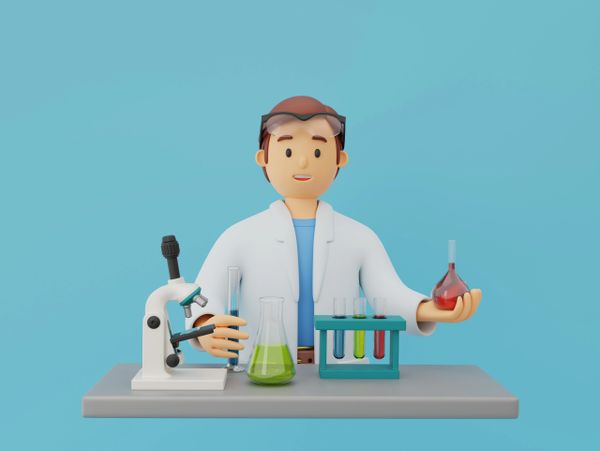3D scientist character with lab equipment and colorful liquids.