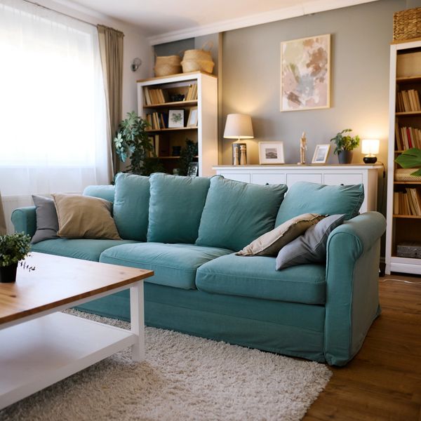 Cozy teal sofa with cushions in a warmly lit living room.
