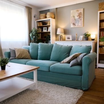 Cozy living room with teal sofa and soft cushions.