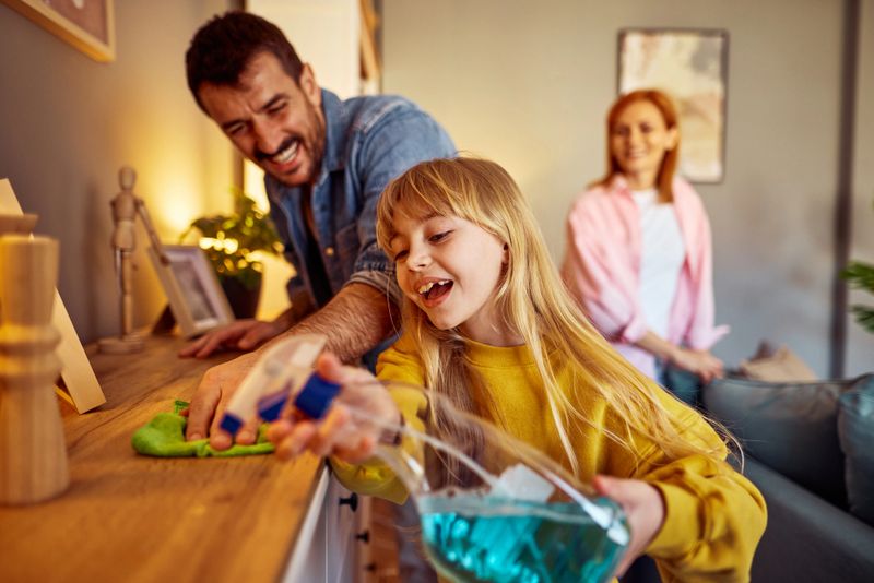 Happy family is cleaning home together, daughter is spraying disinfectant on furniture while father is wiping dust and mother is cleaning sofa in background