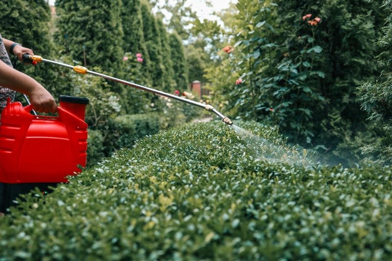 Gardener spraying plants with a red pressure sprayer in a lush green garden. Pest control, fertilization, or watering process for healthy plant growth and maintenance.