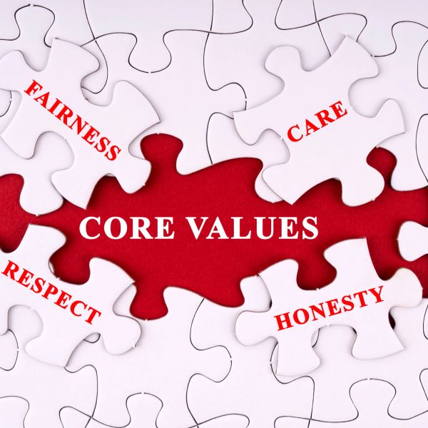 Puzzle pieces showing core values: fairness, care, respect, honesty.