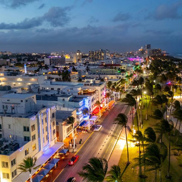 Ocean Drive Miami Beach at night with venues used for conventions and corporate events.