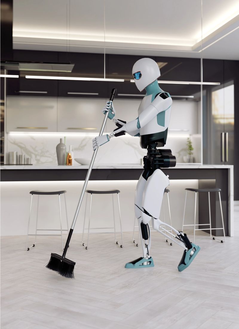 Humanoid robot sweeping the floor in a modern, high-end kitchen. The robot is equipped with advanced features and is using a broom, suggesting it is programmed for domestic cleaning tasks. The setting emphasizes futuristic home automation and the integration of robotics into everyday household chores.
