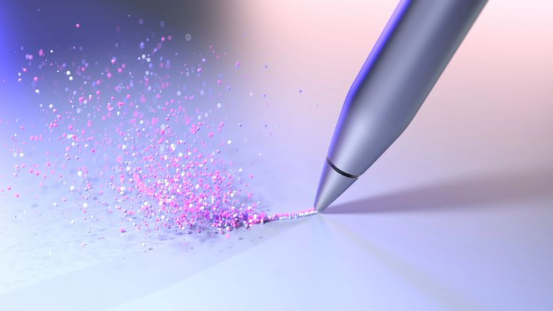 The pen releases vibrant particles of color, symbolizing creativity and innovation against a gradient pastel background.
