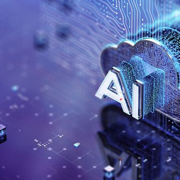 Digital cloud with AI text in a futuristic circuit board environment.