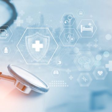 Medical icons and a stethoscope representing healthcare technology.