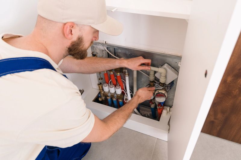 A plumber is checking water meters and pipeline system in a technical boiler room located in an apartment. He focuses on adjusting valves and ensuring proper operation of heating equipment.