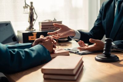Two people discussing legal matters at a desk with law books and a gavel.