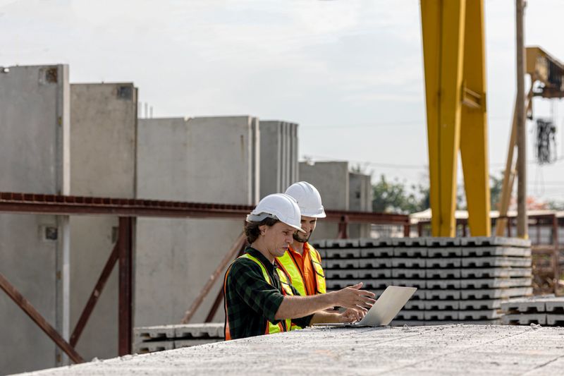 Two civil engineers are using computer notebook and tablet to monitor precast production progress in a factory. Construction managers are using technology to improve their factory system