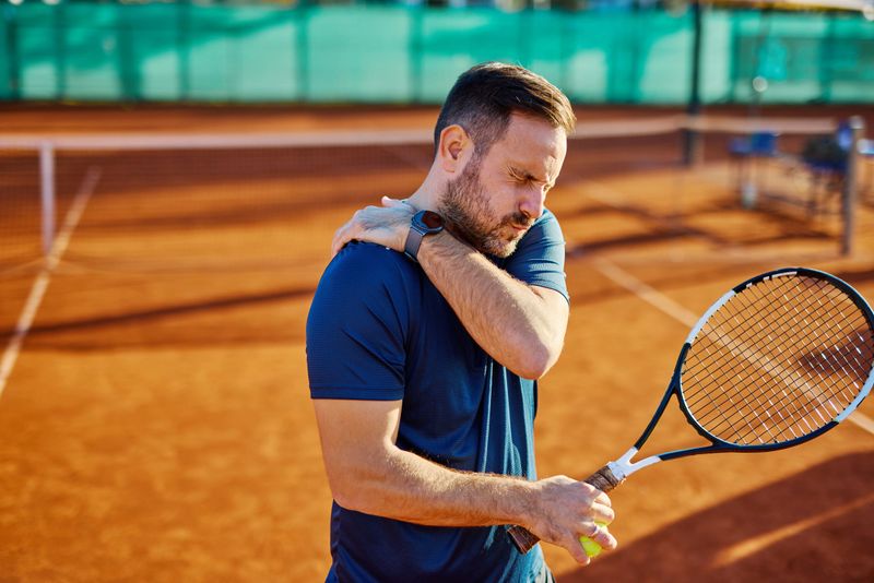 Male tennis player experiencing shoulder pain while holding his racket on a clay court, highlighting the physical demands and potential injuries associated with the sport