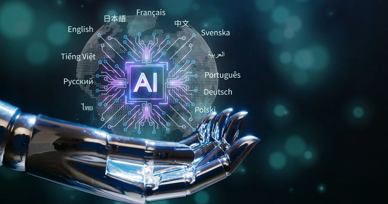 artificial intelligence robotic hand holding global multilingual communication with advanced ai translation technology for real-time interaction