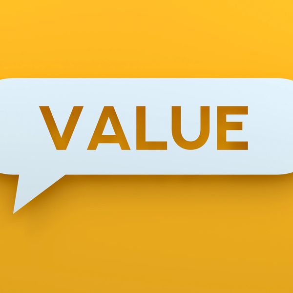 Speech bubble with the word VALUE on a yellow background.