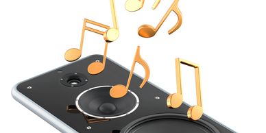 Smartphone with speakers and floating golden music notes symbolizing sound.