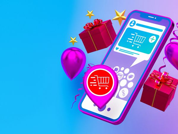 Colorful 3D illustration of online shopping with gifts and balloons.