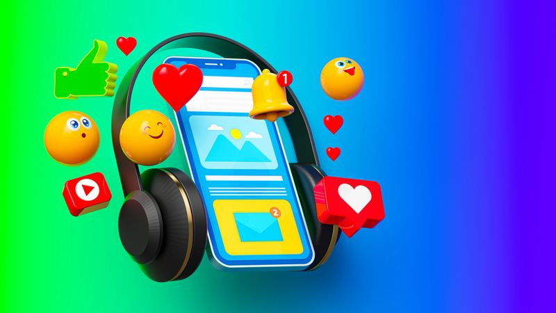 Unveil a modern phone headphones concept featuring a 3D smartphone with headphones, emojis, and hearts, set against a dynamic green-to-blue gradient background. This vibrant design is perfect for technology, social media, or entertainment projects, ideal for creating an engaging and lively digital display.