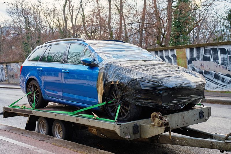Damaged blue car on tow truck for transport at city street. Crashed vehicle covered in plastic film ready for transportation. Concept of road accidents and roadside assistance