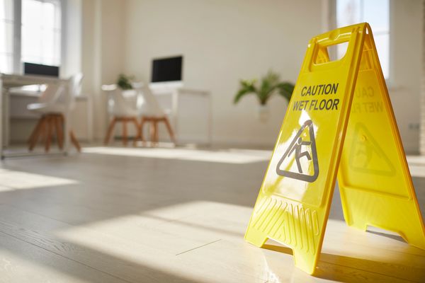 Yellow wet floor caution sign in a bright office space.
