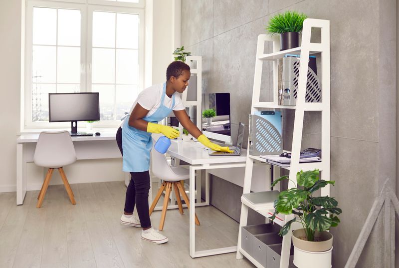 Young African American female housekeeper clean office surfaces with detergent. Black woman maid janitor take care of workplace hygiene, cleanse dirt dust. Good housekeeping service concept.