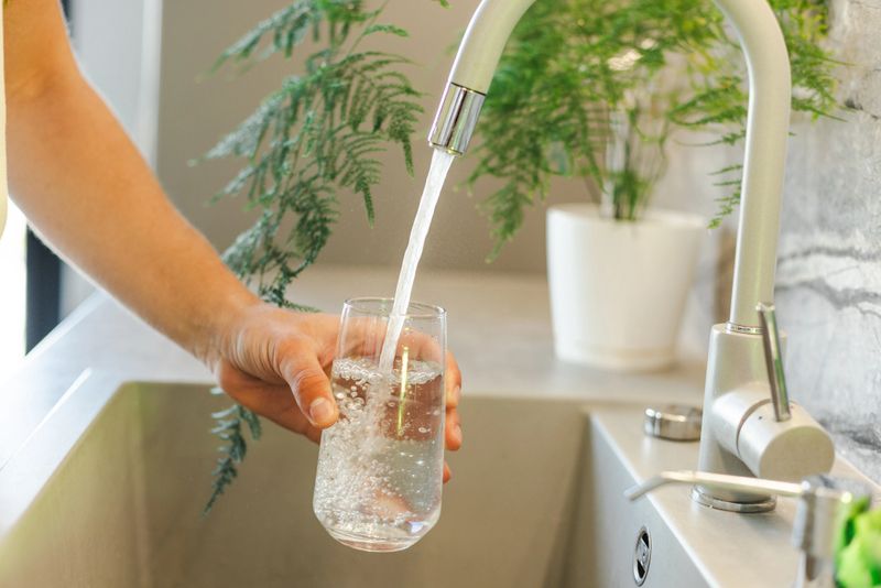 A person's hand is holding a glass as fresh water flows from a faucet into it, surrounded by a modern kitchen setting with greenery decor.