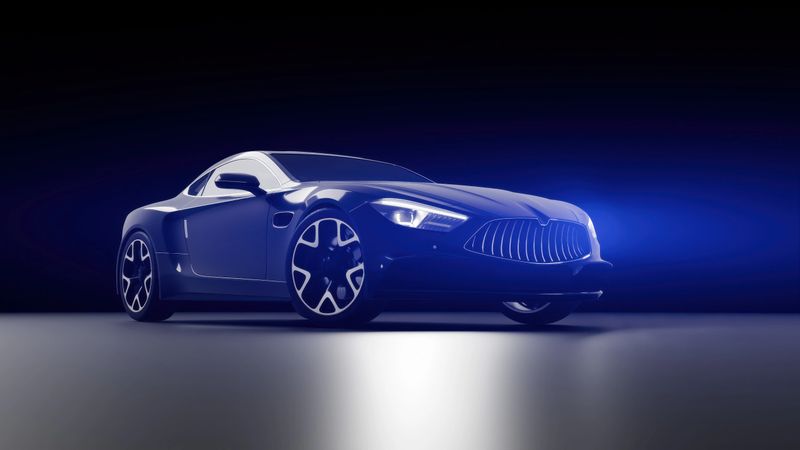 Sleek, futuristic electric sports car showcased under dramatic lighting