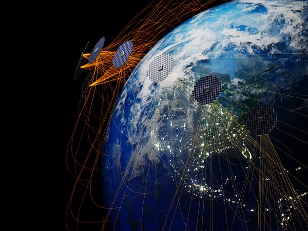 Satellites orbiting Earth with connected light streams.