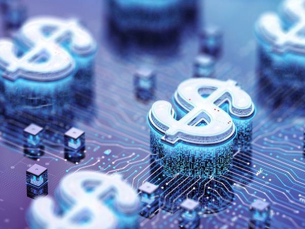 Glowing digital dollar signs on a futuristic circuit board.