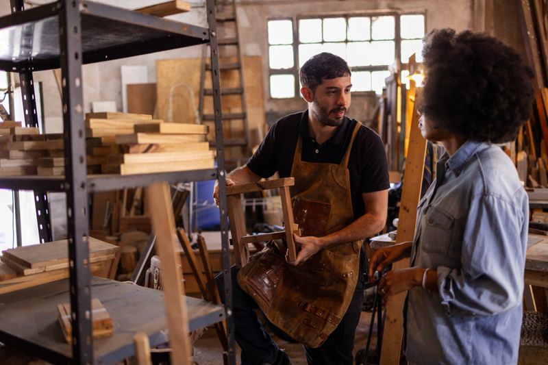 Two people engaged in discussion while working on a wood project in a workshop setting, focusing on carpentry and craftsmanship.