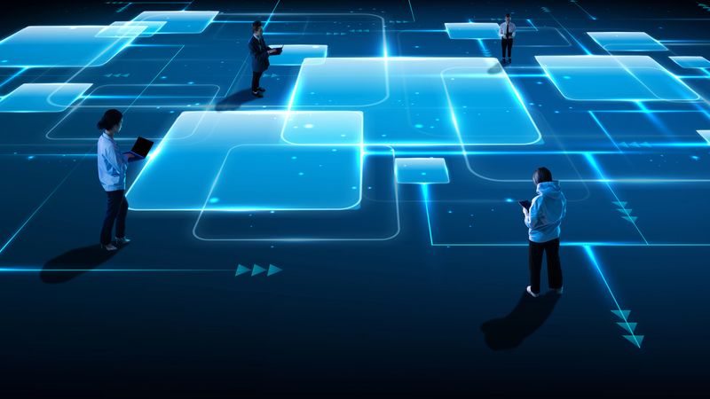 Digital world. People navigating glowing interface grid symbolizing smart technology, connectivity and virtual collaboration. Concept of networking, innovations, digital art. Collage with 3 models. Composite image