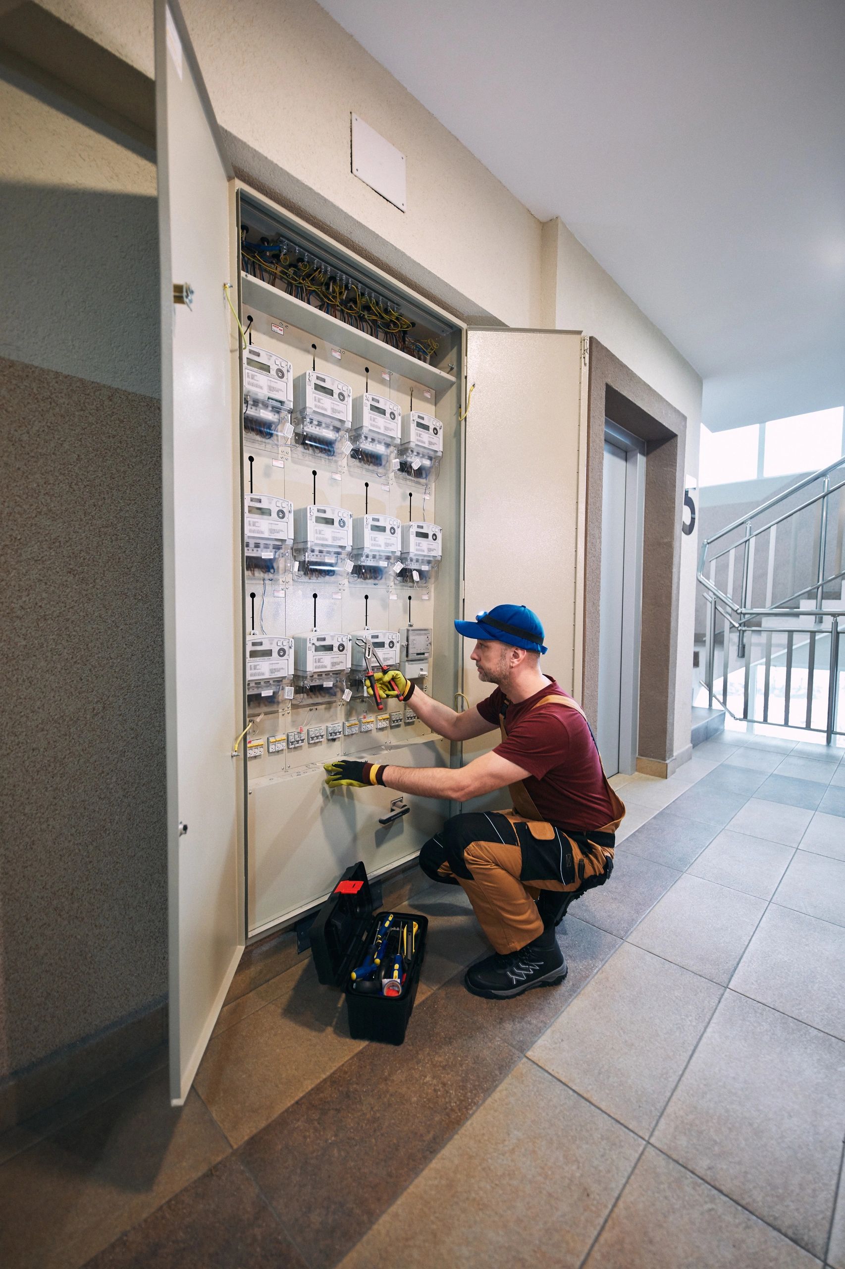 Electrician repairing meters in a building panel.