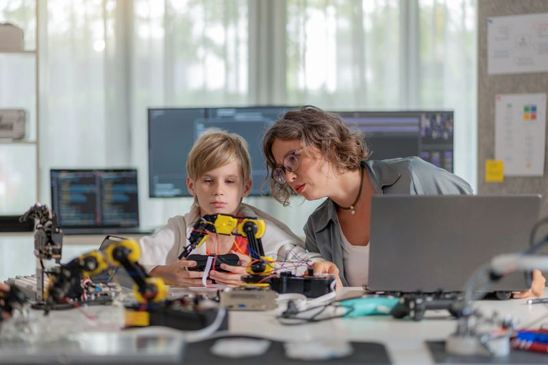 A passionate teacher guides a young student in operating a robotic arm, integrating hands-on engineering education with real-world challenges. This interactive STEM learning experience fosters problem-solving, digital literacy, and innovation in robotics and artificial intelligence.