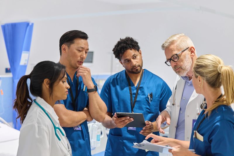 Mature male doctor explaining in meeting with coworkers. Blond female nurse is holding clipboard. Multiracial doctors listening to colleague in hospital ward.