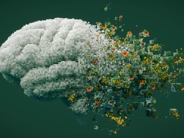 A digital brain made of cubes transforming into blooming flowers.
