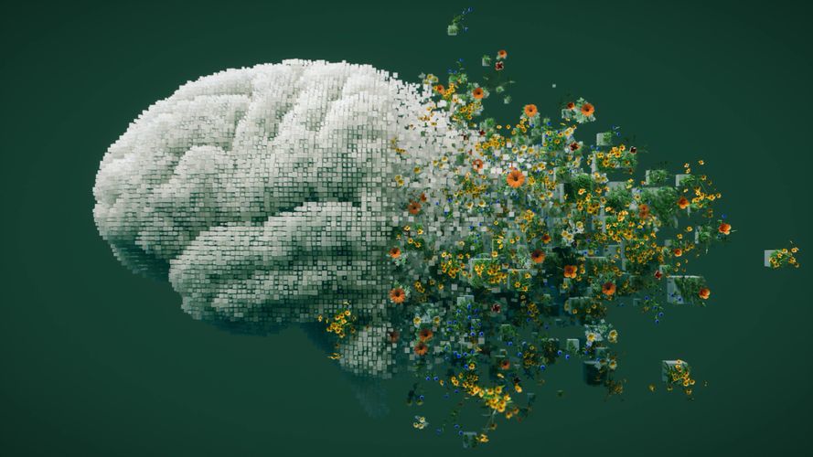 Digital brain made of cubes transforming into blooming flowers.