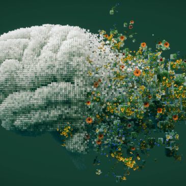 Digital brain dissolving into flowers and cubes.