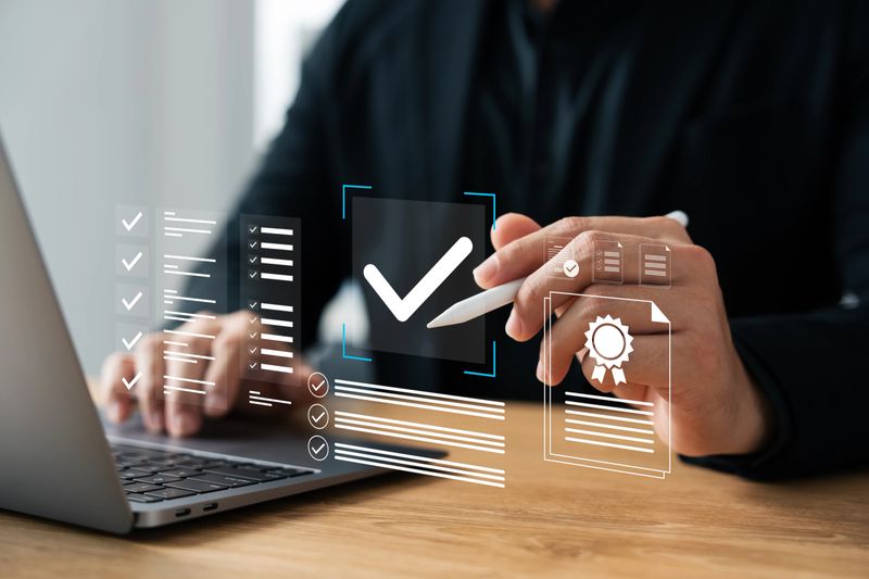 Business checklist management and performance tracking, businessman using laptop with digital document icons check mark and online document approval, digital form checklist, filling out online survey.