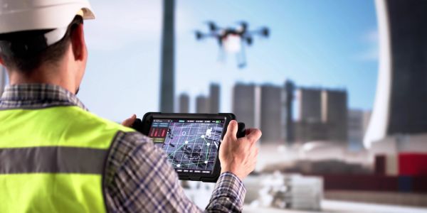 Worker controls a drone at a construction site using a tablet.